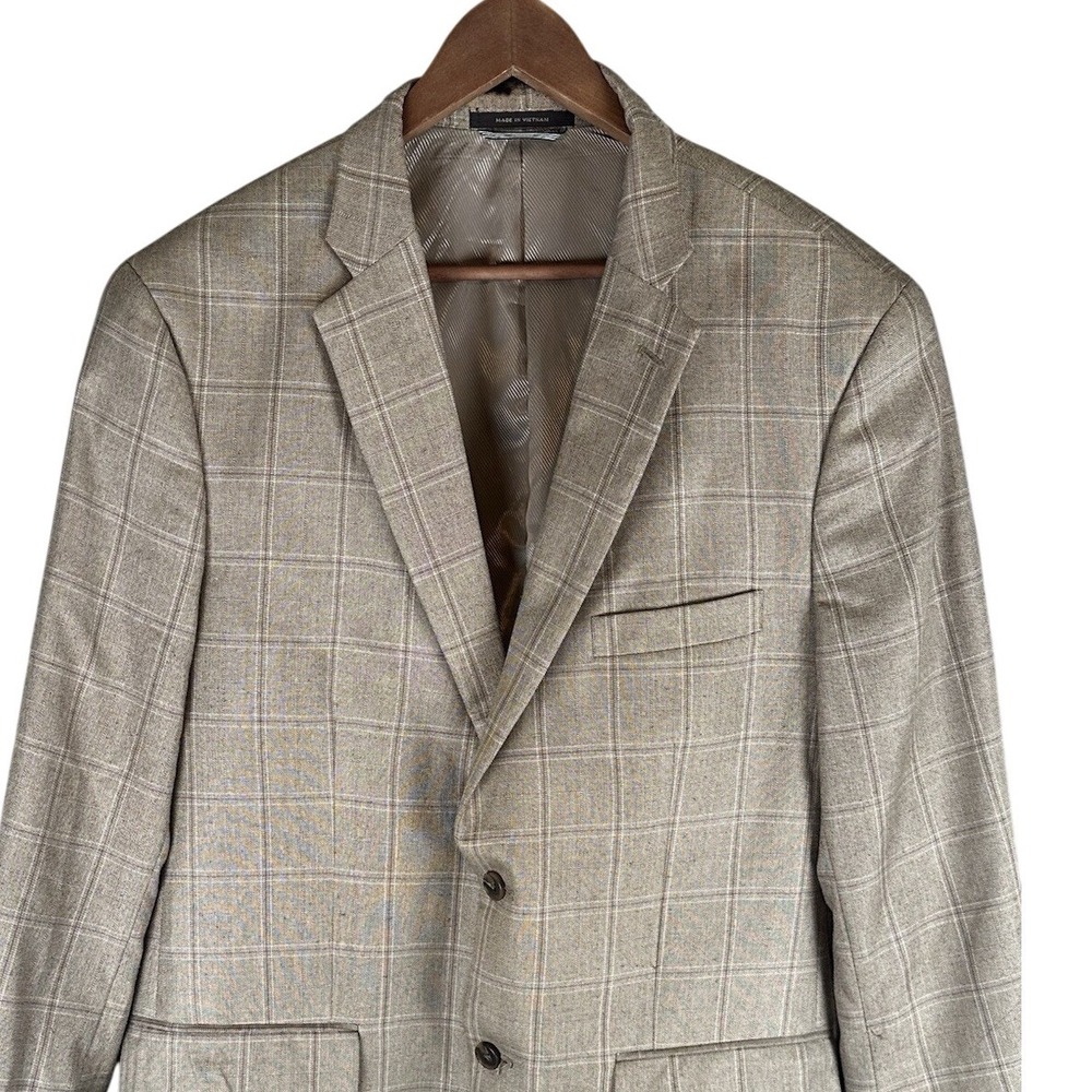 Greg Norman Jacket M Beige Windowpane Check Polyester Blazer Sport Coat 42L